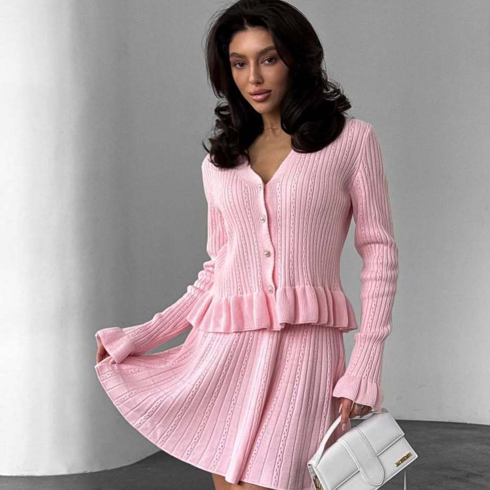 French-Style V-Neck Long-Sleeve Rhinestone-Button Ruffle Knit Two-Piece Skirt Set