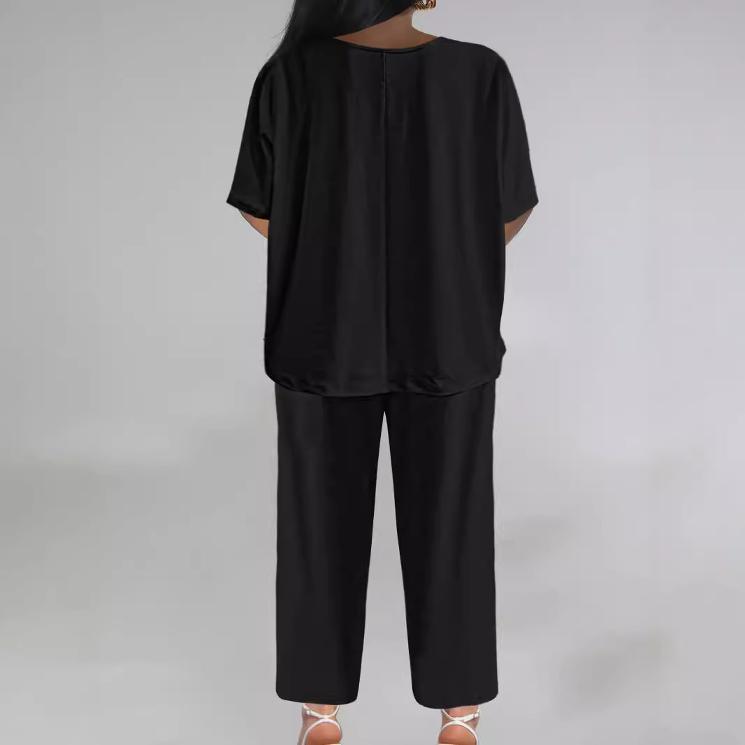 V-Neck Batwing Sleeve Solid Color Loose Wide-Leg Pants Set Women