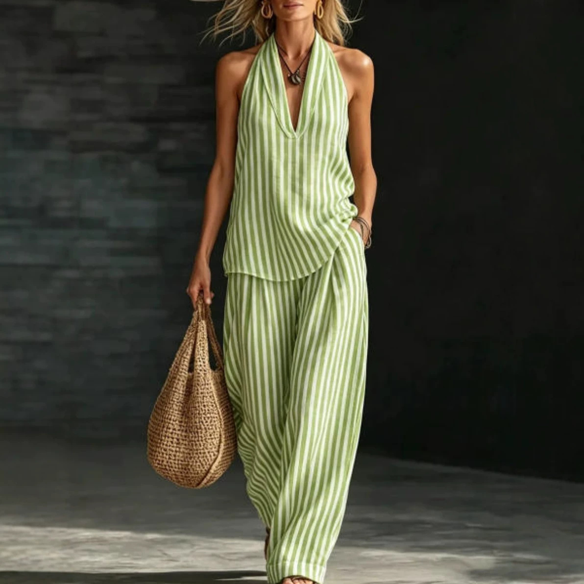 Women's Cotton-Linen Striped Wide-Leg Pants and Halter Top Set