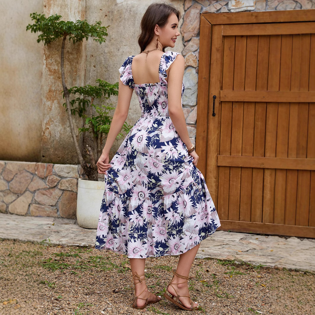 Women's Floral Print Ruffle Sleeve Tie-Waist Cami Maxi Dress