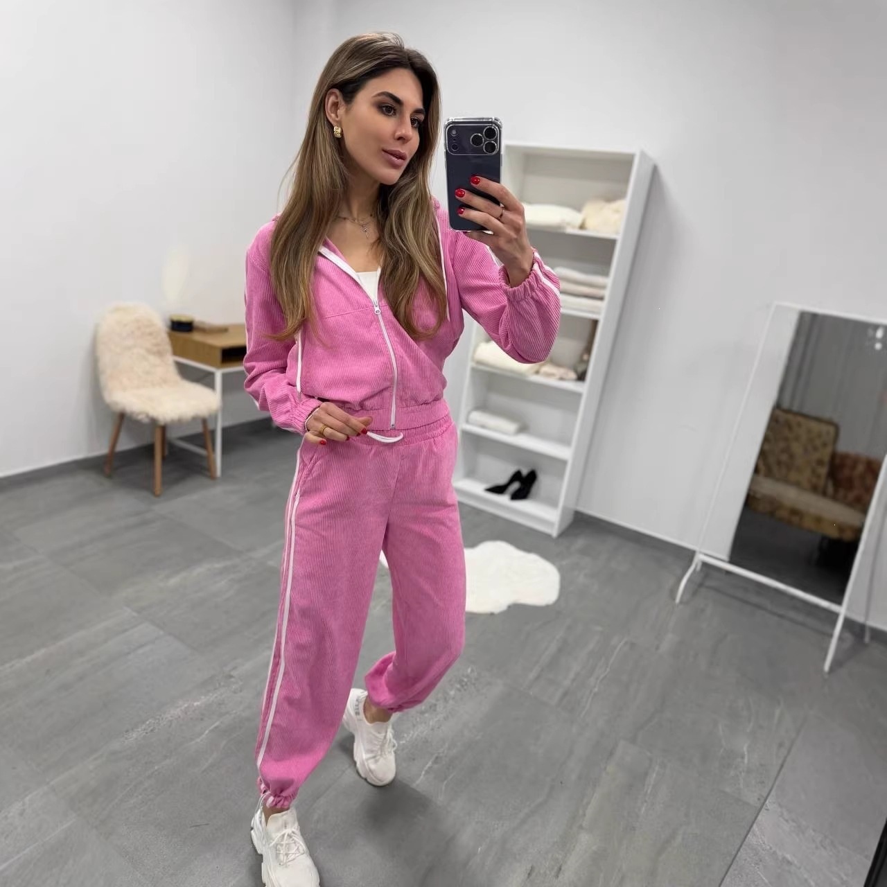 Women's Striped Two-Piece Set Long Sleeve Zip Hooded Cardigan and Pants