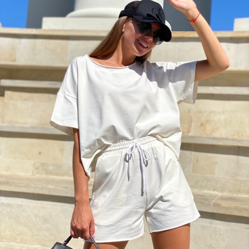 Women's Solid Color Crewneck Short Sleeve Drawstring Two-Piece Set