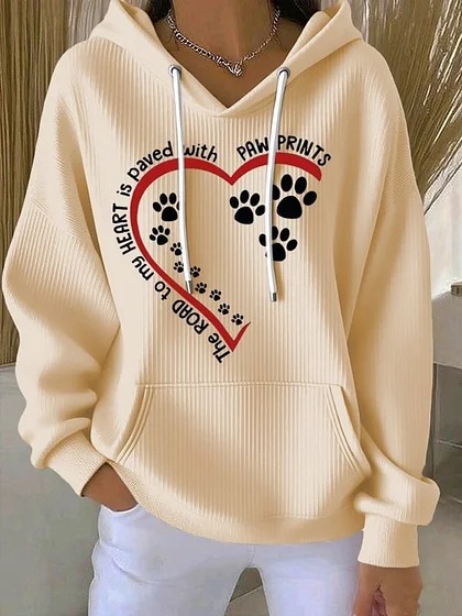 Women's Dog Paw Print Letter Hoodie Long Sleeve Pullover