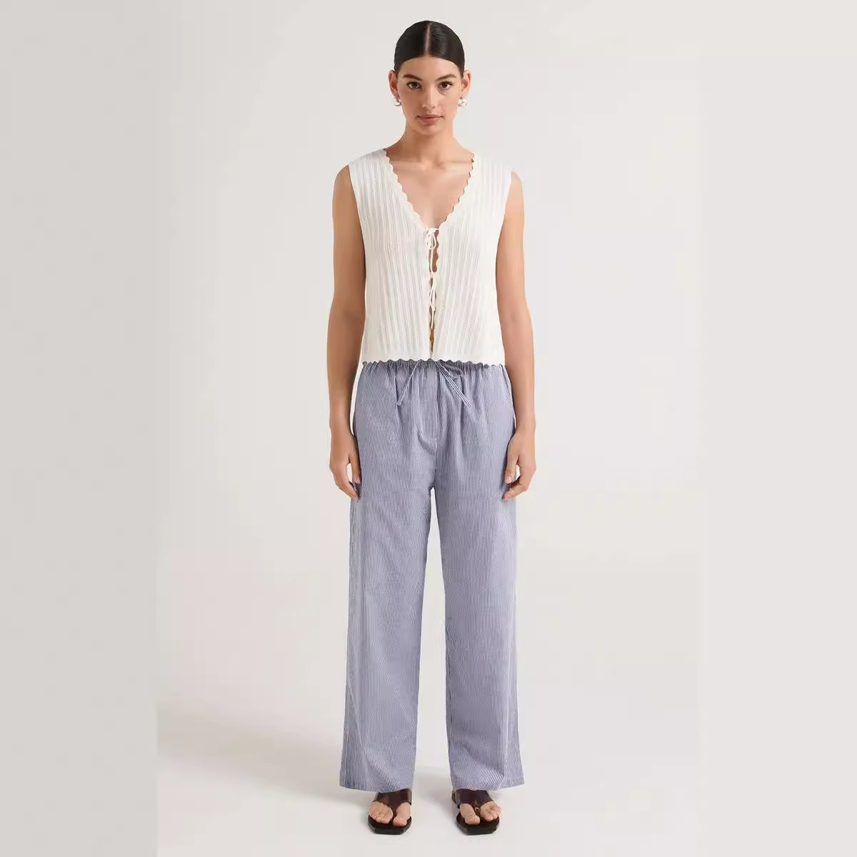 Women's Striped Wide-Leg Drawstring Pants Casual Loose Fit