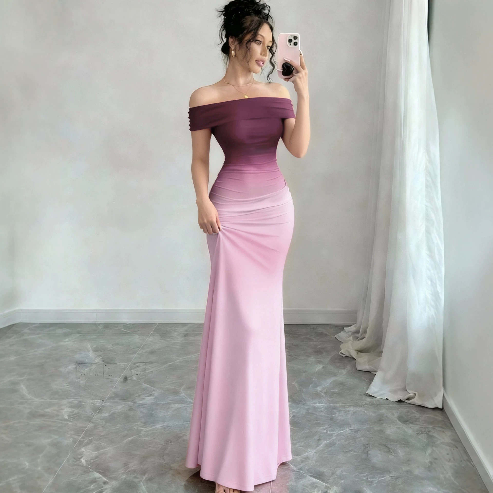 Gradient Off-Shoulder Short Sleeve Bodycon Long Dress
