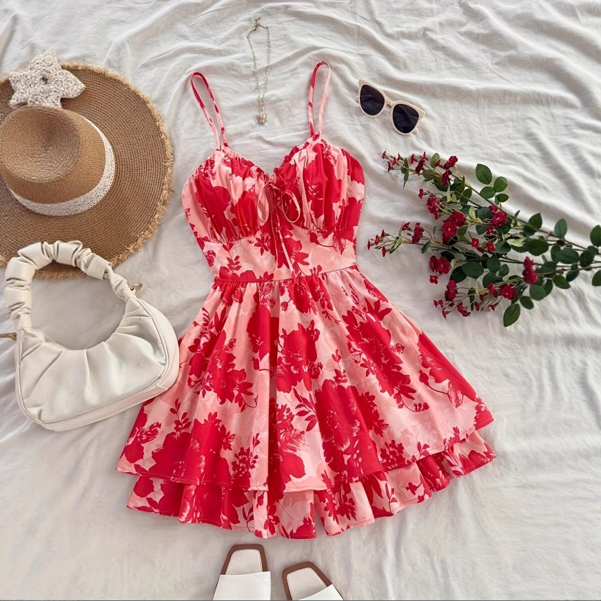 Women's Red Floral Print Spaghetti Strap Ruffle Neck Ruched Bodice Fit and Flare A-Line Dress