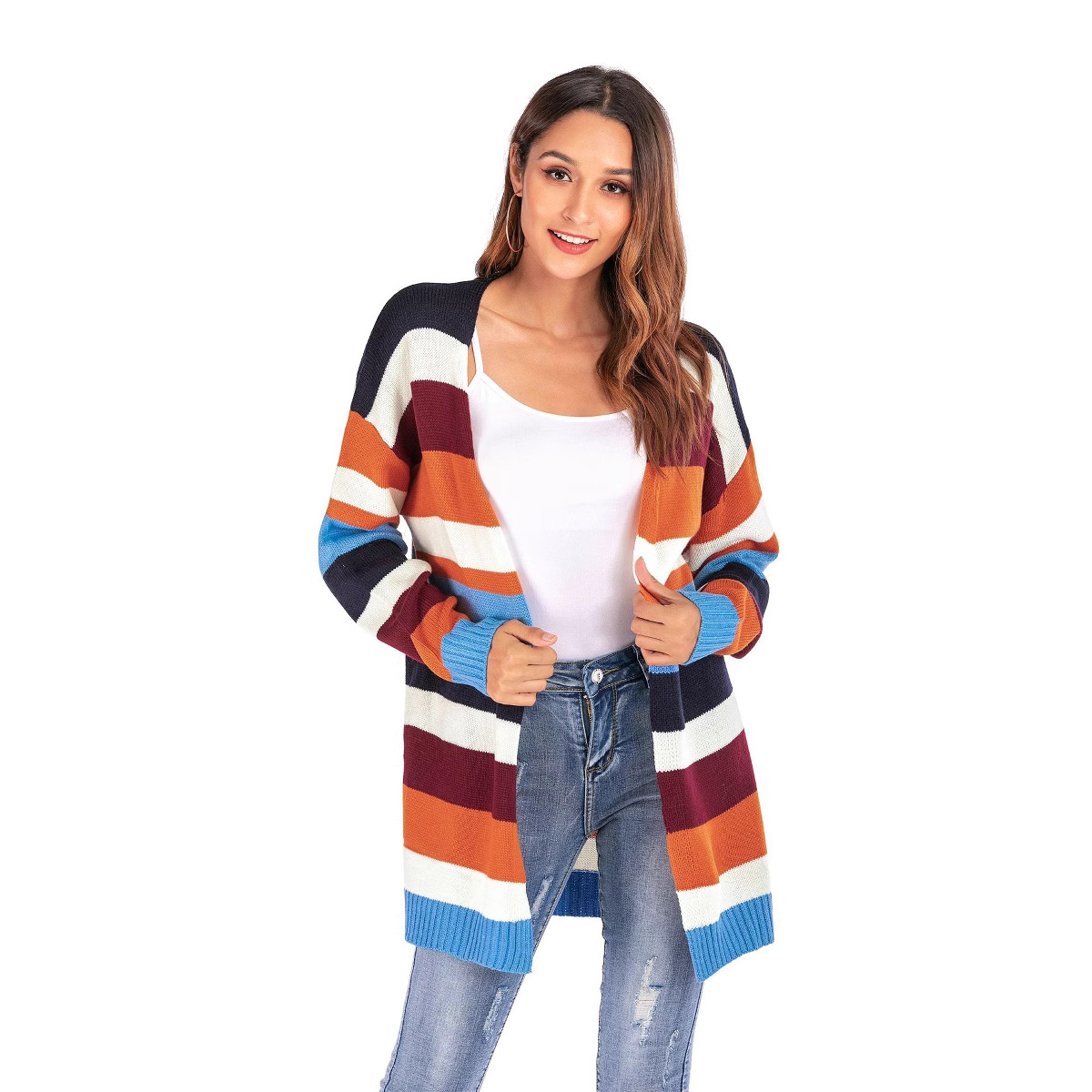 Women's Plus Size Striped Open Front Knit Cardigan Loose Batwing Sleeve