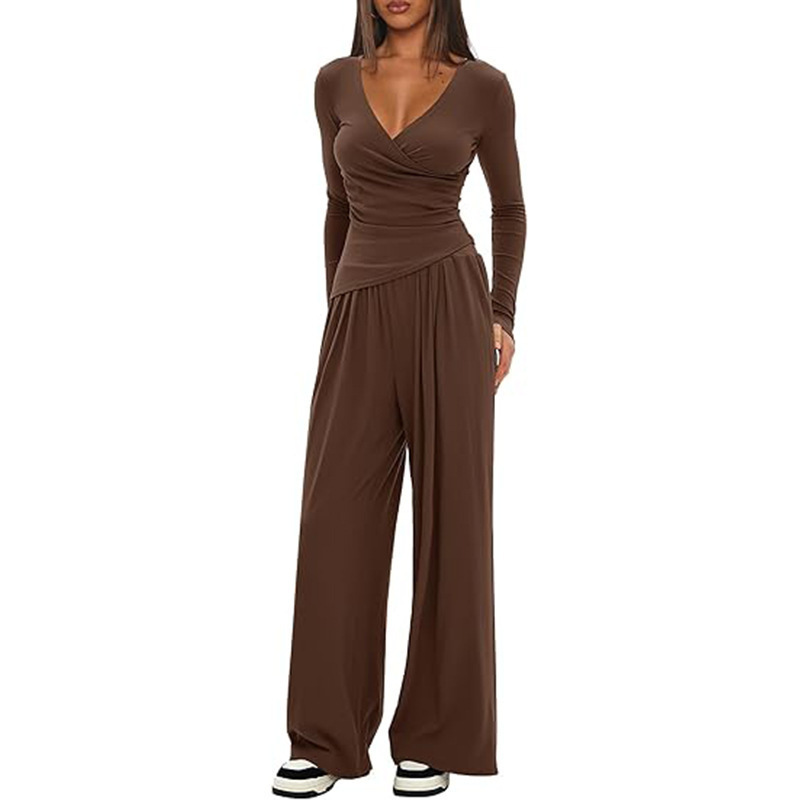 Solid Color 2-Piece V-Neck Long Sleeve Wide Leg Pants Lounge Set