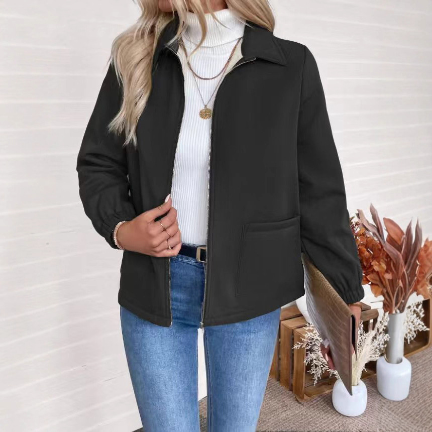 Women's Elegant Zip-Up Collared Pocket Short Jacket Bomber