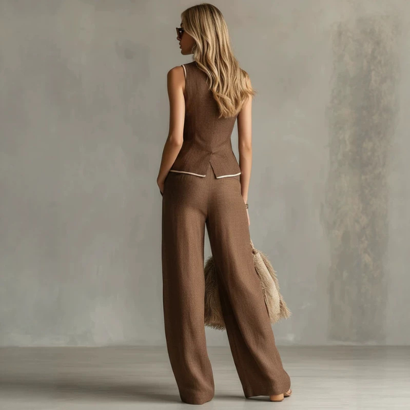 Classic Brown Piped Cotton-Linen Vest and Wide-Leg Pants Set