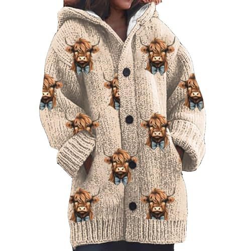 Women's Cartoon Cow Print Hooded Button Cardigan Sweater