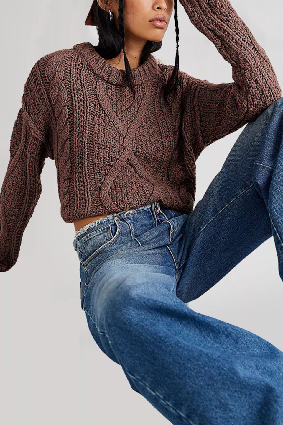 Cable Knit Crewneck Pullover Sweater Loose Fit