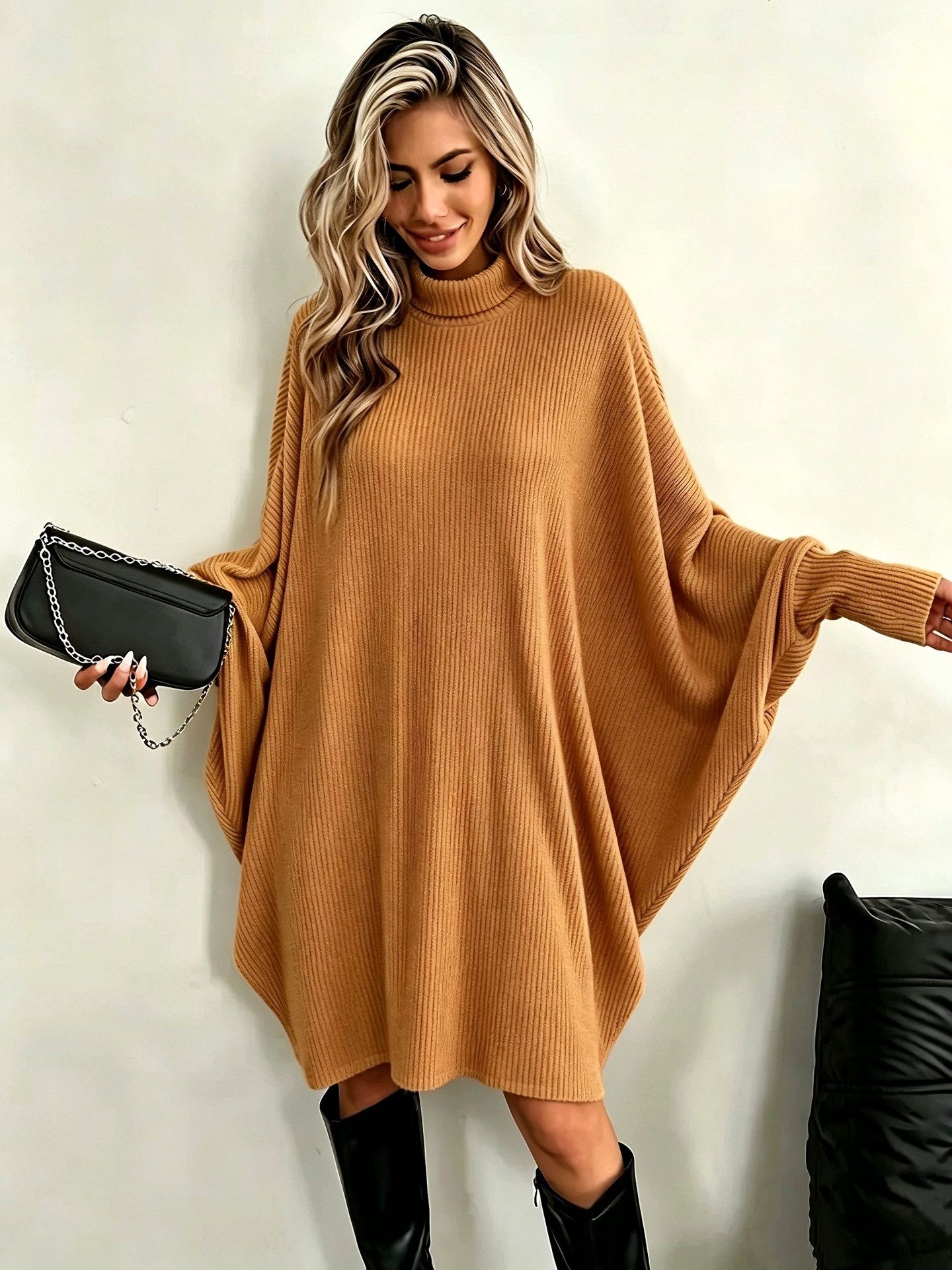 Elegant Loose Batwing Sleeve Turtleneck Long Sleeve Dress Gray Cape Coat