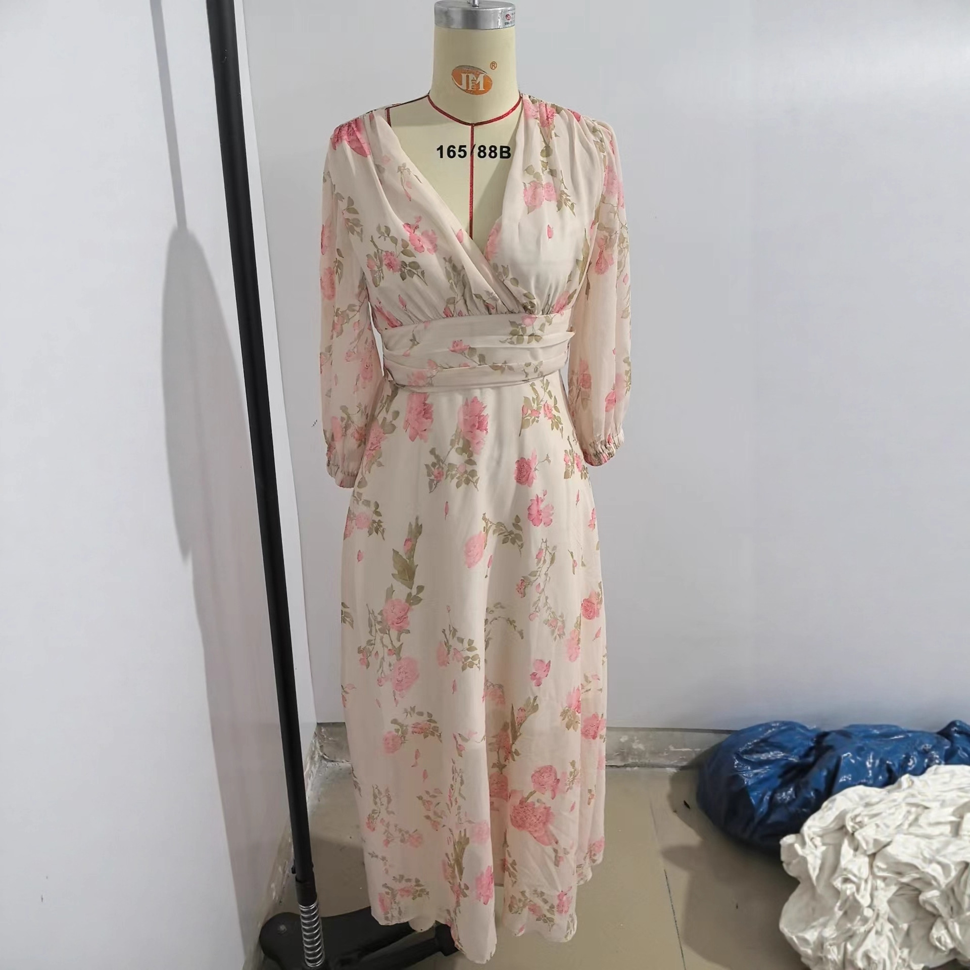 V-Neck Long Sleeve Digital Print Maxi Dress