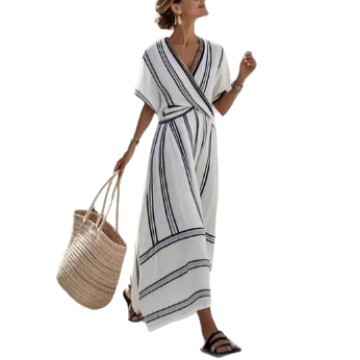 Striped V-Neck Ruched Sleeve A-Line Midi Dress