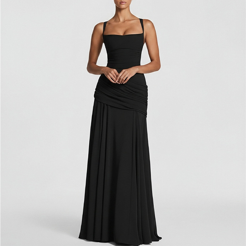 Elegant Solid Pleated Waist-Cinching Midi Dress