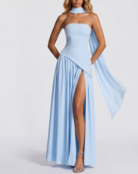 Women's Strapless Solid High Slit Backless Long Dress