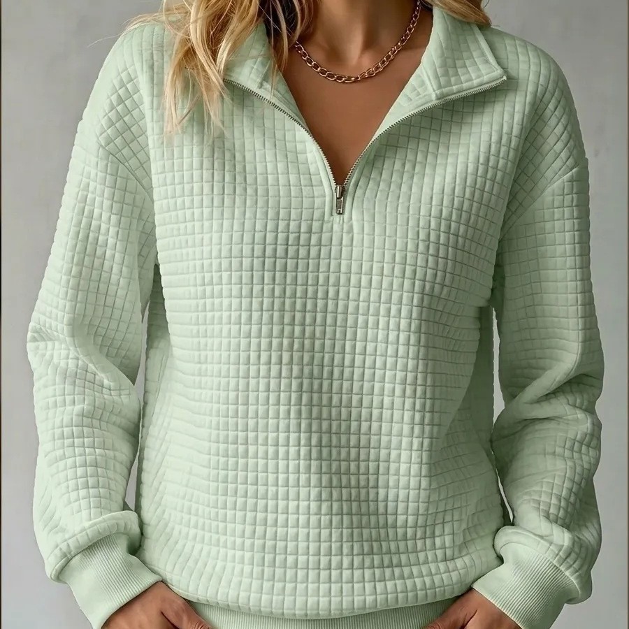 Waffle Knit Solid Color Zip-Up Collared Long Sleeve Women's Sweatshirt
