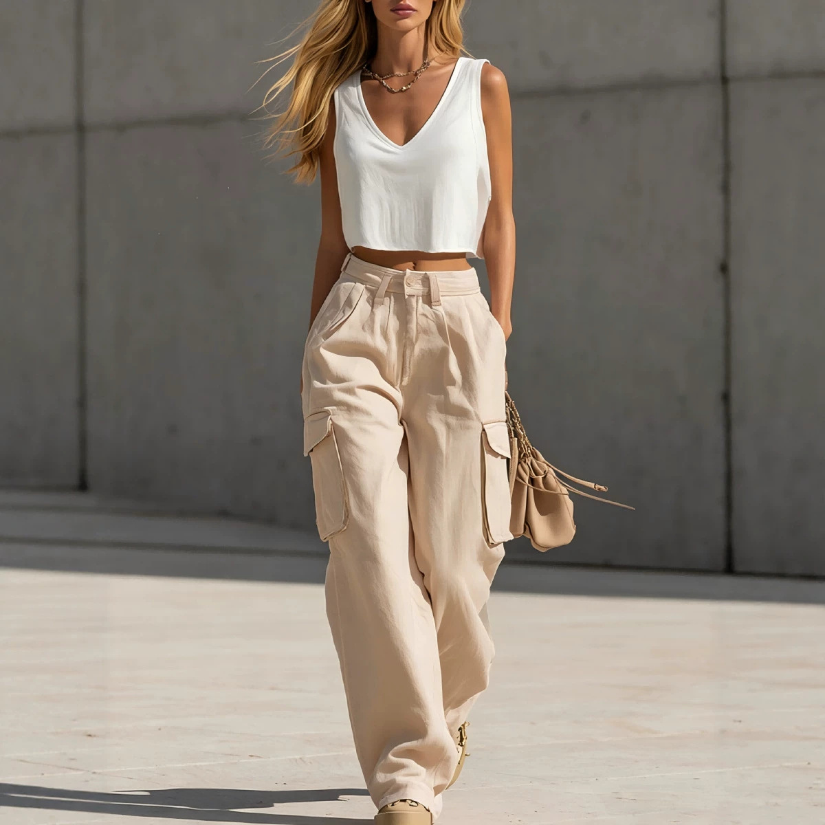 Women's Sleeveless Tank Top and High-Waist Straight-Leg Cargo Pants Set