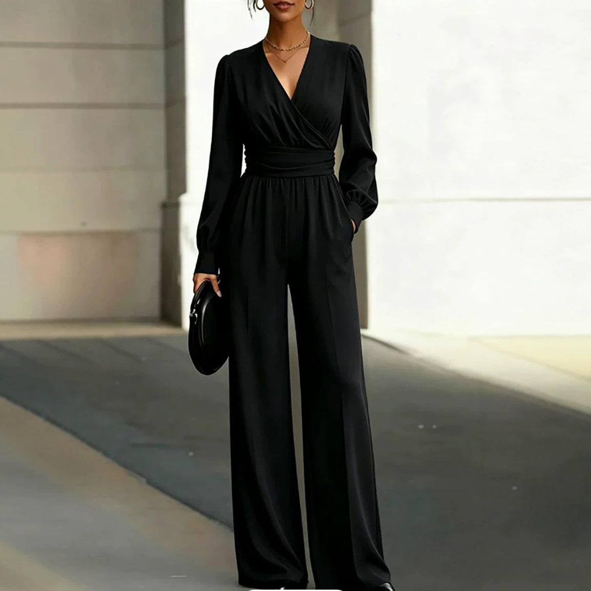 Solid V-Neck Asymmetrical Slim-Fit Women's Jumpsuit