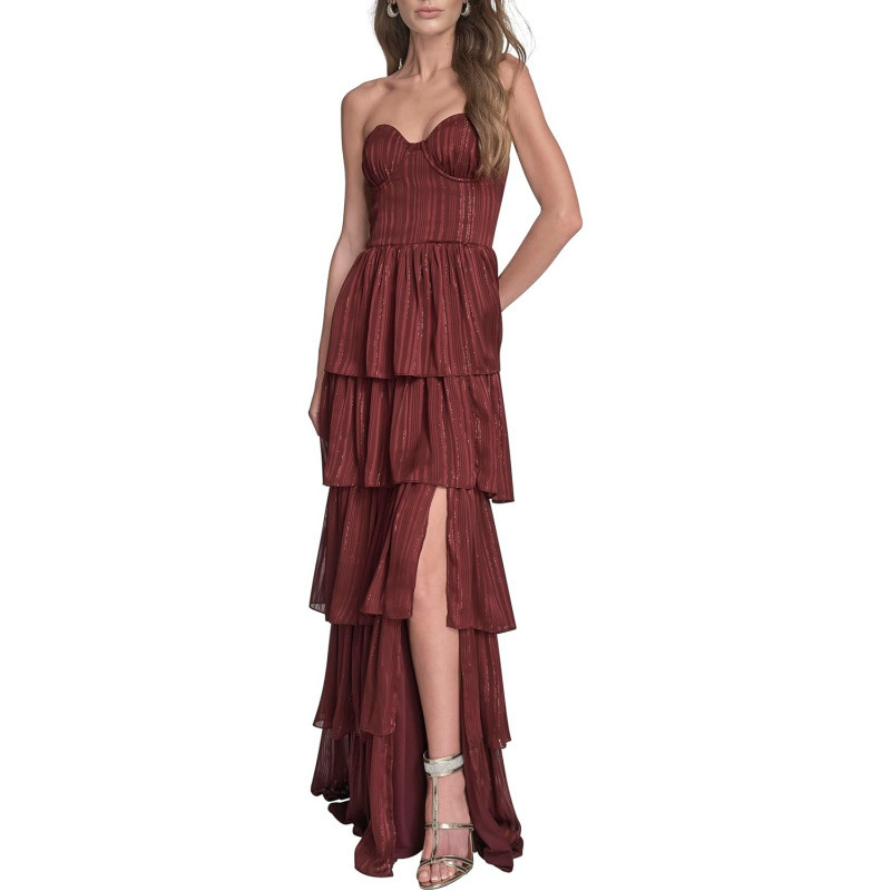 Women's Strapless Slit Tiered Midi Dress