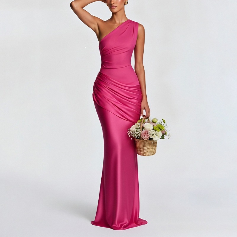 Women's One-Shoulder Bodycon Midi Dress Ruched Elegant Party Dress