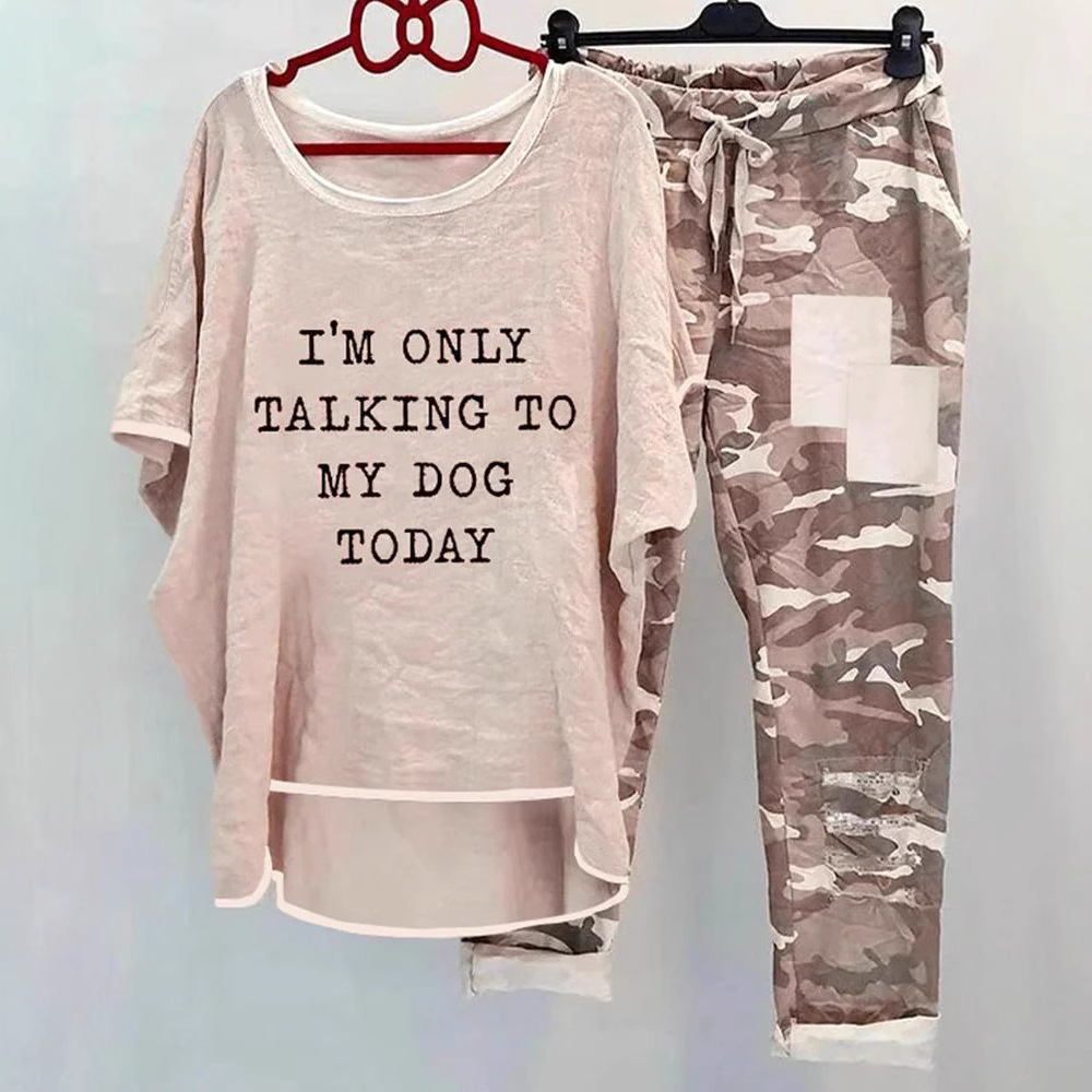 Women's Casual Printed Short-Sleeve Top and Camo Pants Set