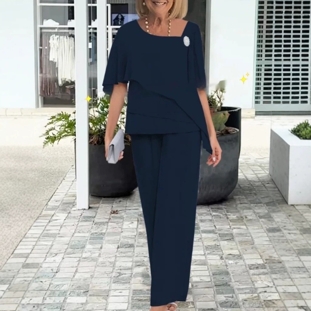 Chiffon Beaded Rhinestone Wide-Leg Pants Two-Piece Set