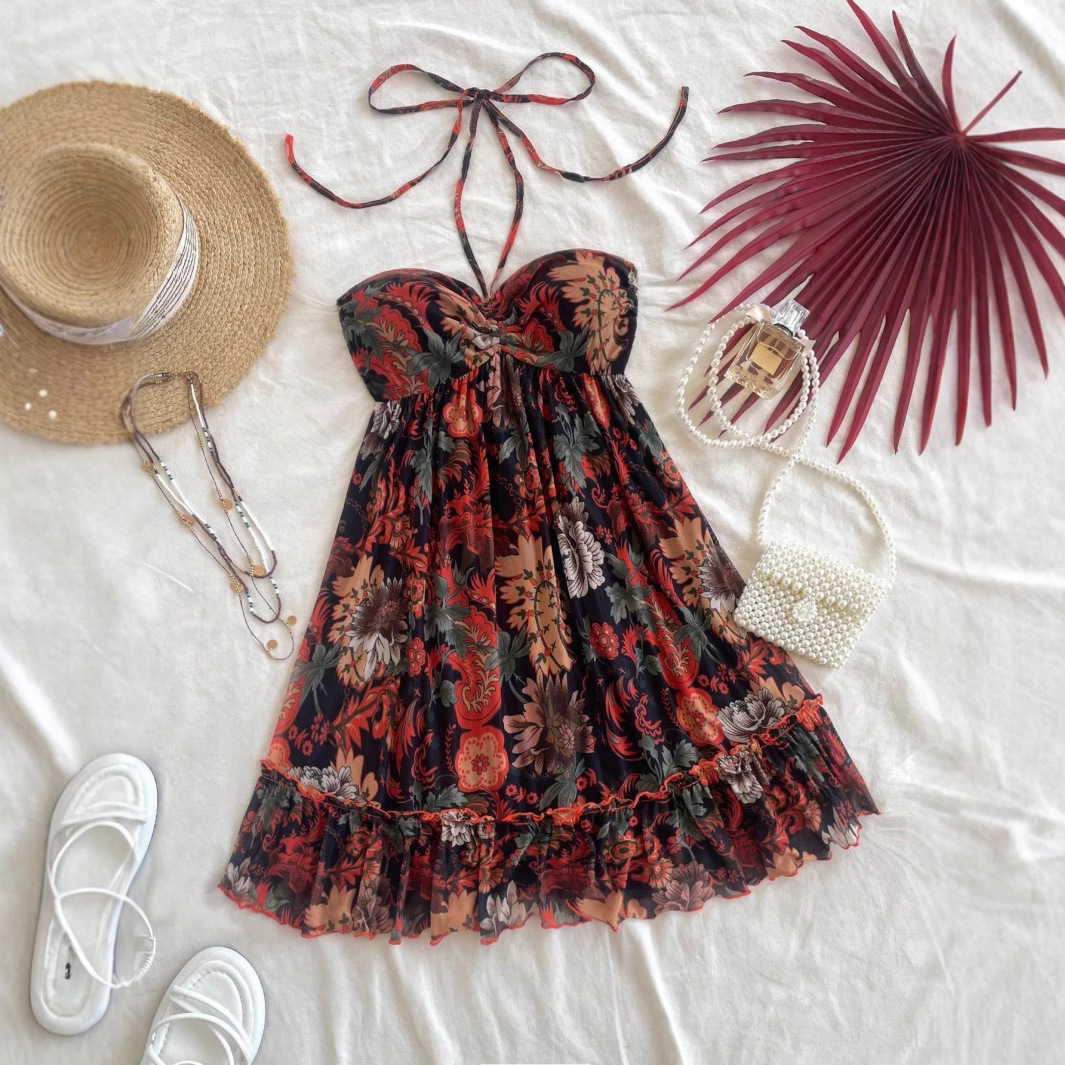 Women's Floral Print Halter A-Line Midi Dress with Ruffle Hem