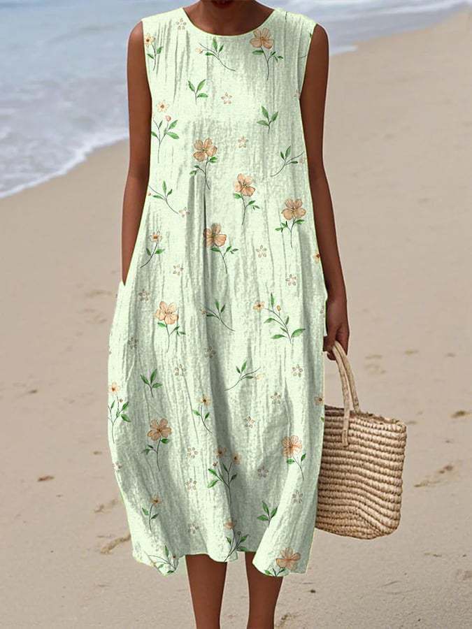 Women's Vintage Patterned Sleeveless Midi Dress