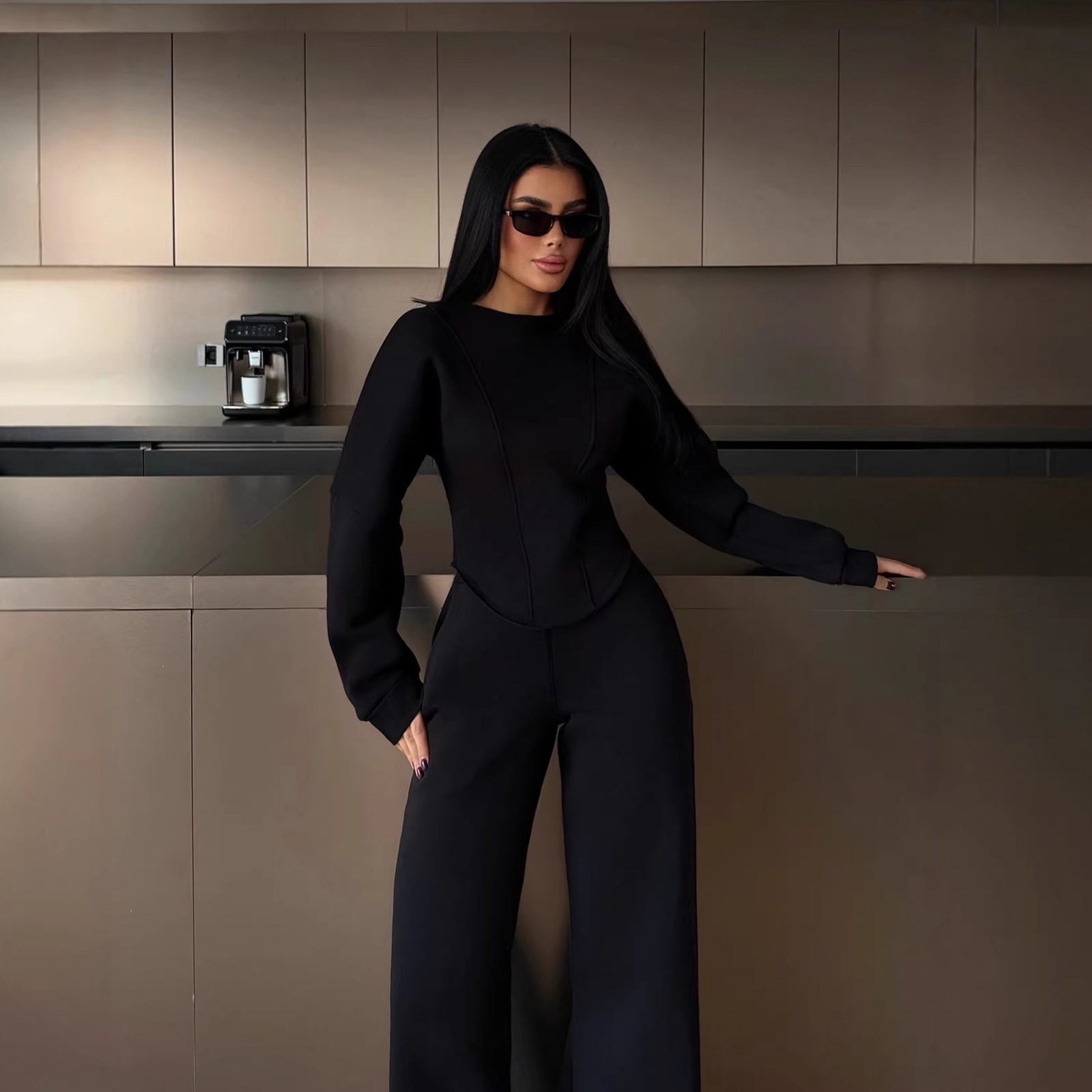American Retro Cinched Waist Hoodie and Wide-Leg Pants Two-Piece Set
