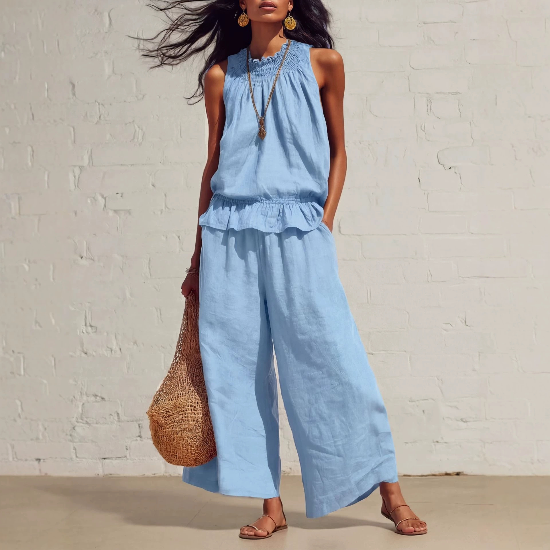 Women's Boho Ruffle Two-Piece Set Sleeveless Shirt and Wide-Leg Pants