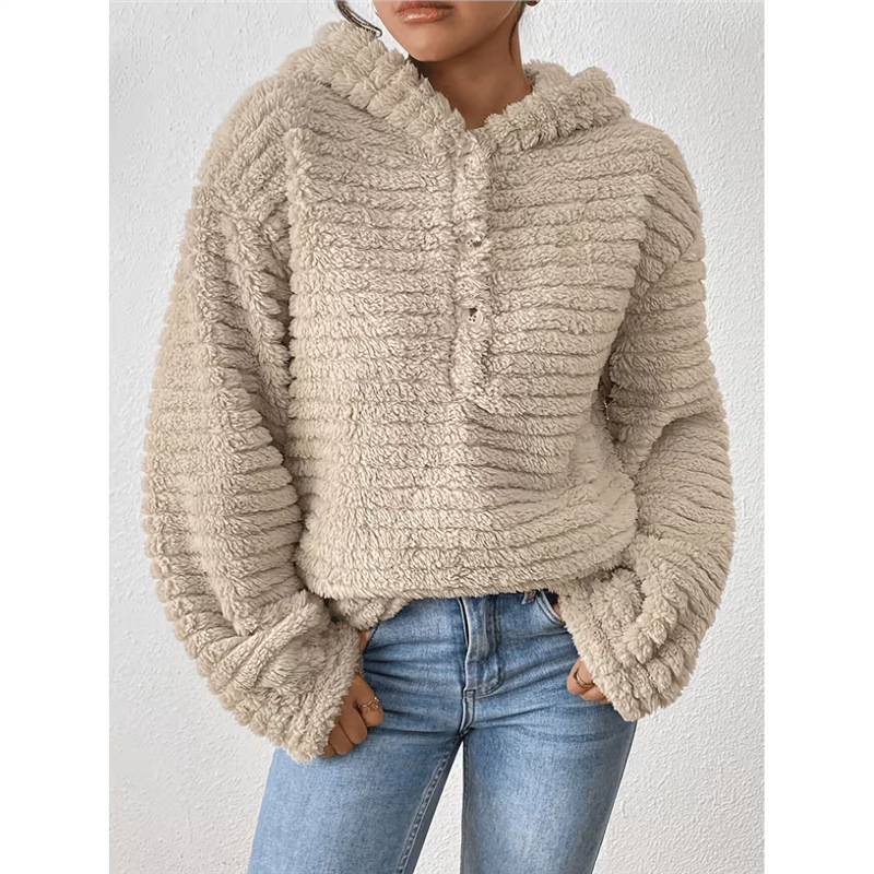 Women's Loose Plush Hooded Pullover Sweatshirt Button Front