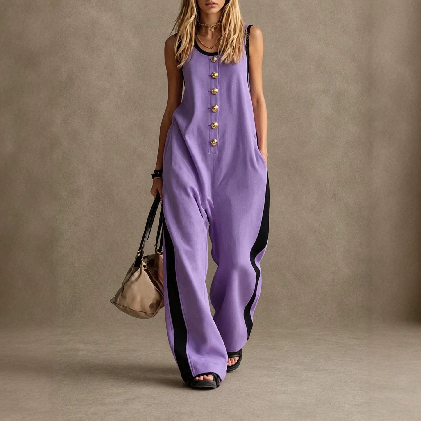 Women's Sleeveless Round Neck Colorblock Jumpsuit with Button Detail