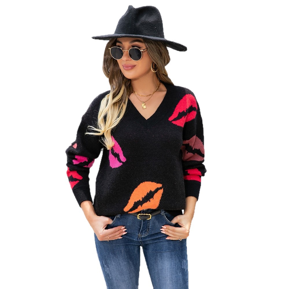 Valentine's Lips V-Neck Knit Pullover Sweater
