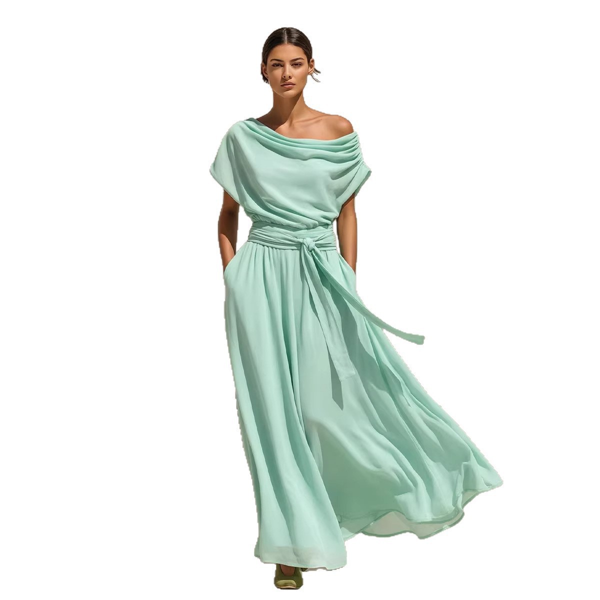 Boat Neck Short Sleeve Bohemian Chiffon Waist-Cinching Slimming Dress
