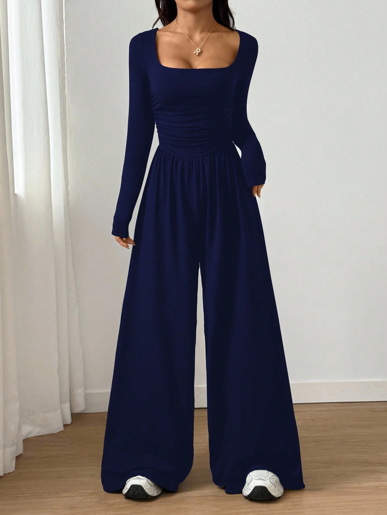 Women's Long Sleeve Square Neck Wide Leg Jumpsuit Solid Color Slimming
