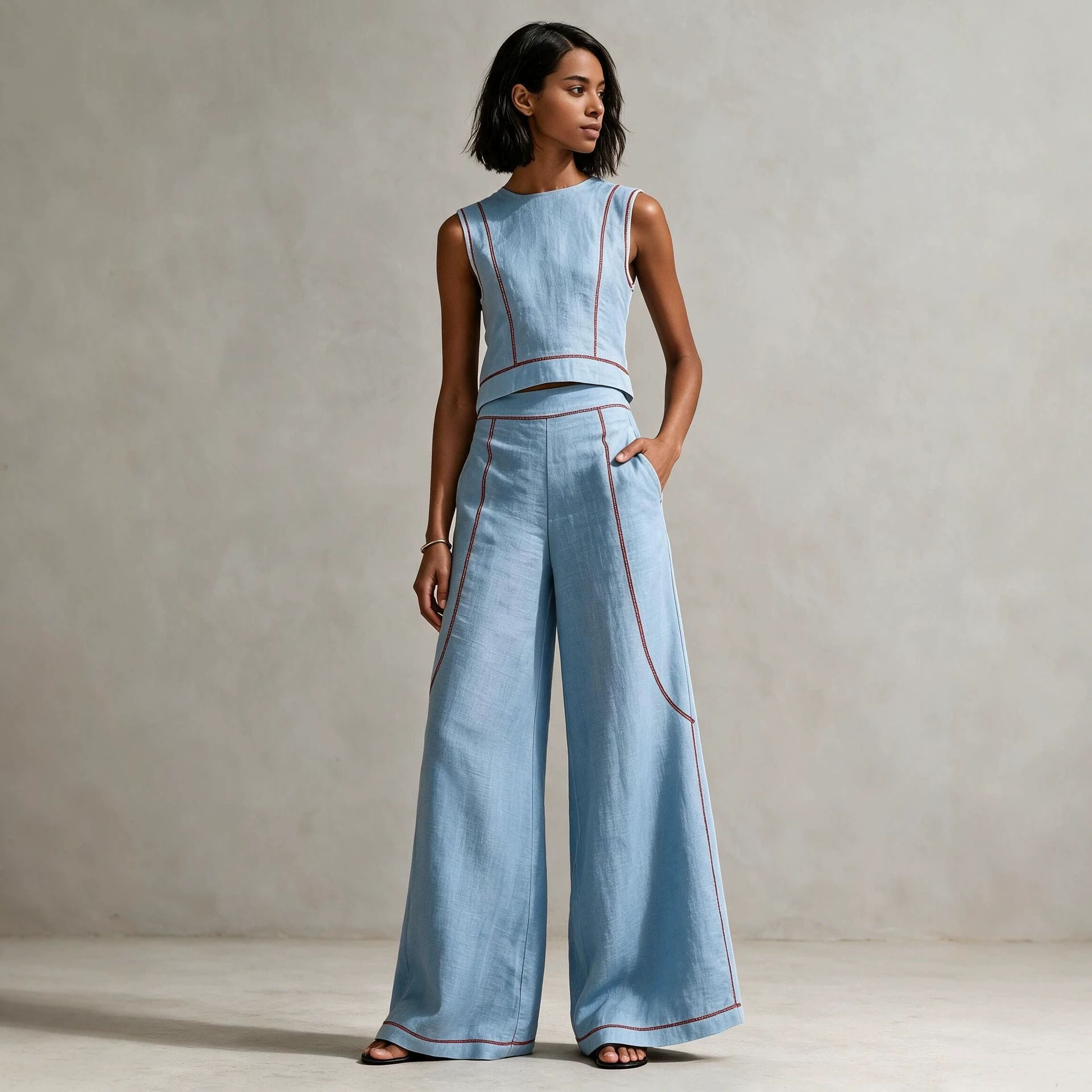 Sleeveless Color-Block Wide-Leg Pants Set Women's Casual Two-Piece