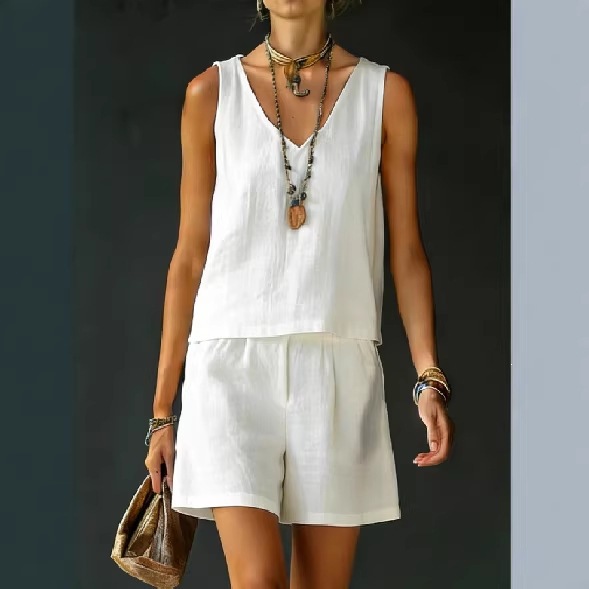Women's Sleeveless Linen-Cotton Vest and Shorts Set Solid Color Two-Piece