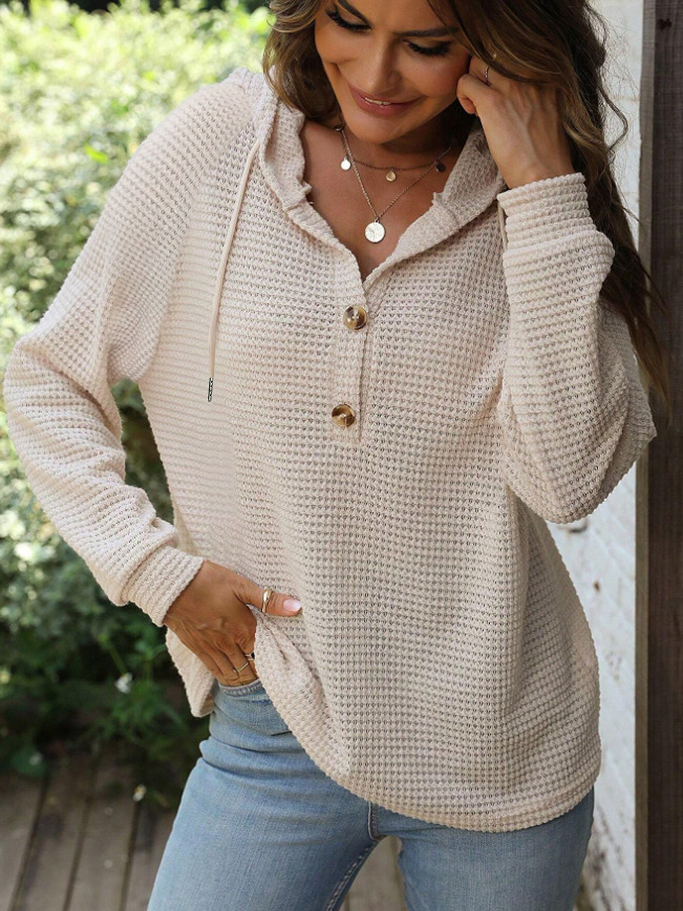 Women's Solid Color Long Sleeve V-Neck Hooded Button Sweatshirt
