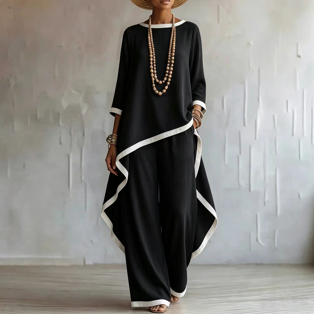 Women's Cotton-Linen Blend Asymmetric Long-Sleeve Top Set