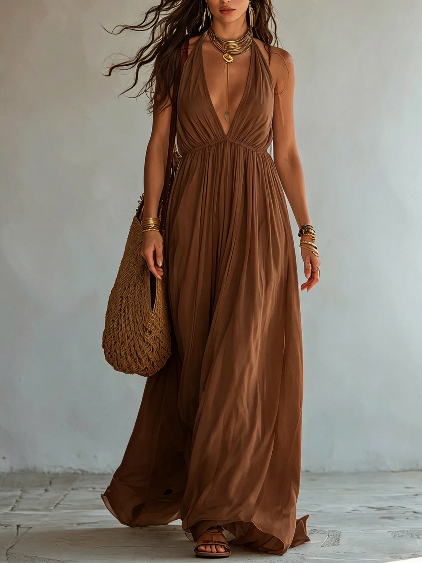 Women's Deep V-Neck Pleated Halter Open-Back Long Evening Dress