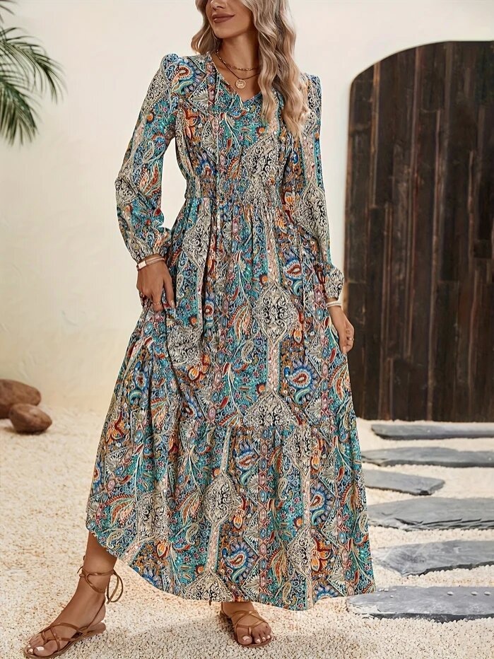 Women's Long Sleeve Floral Ruffle Dress