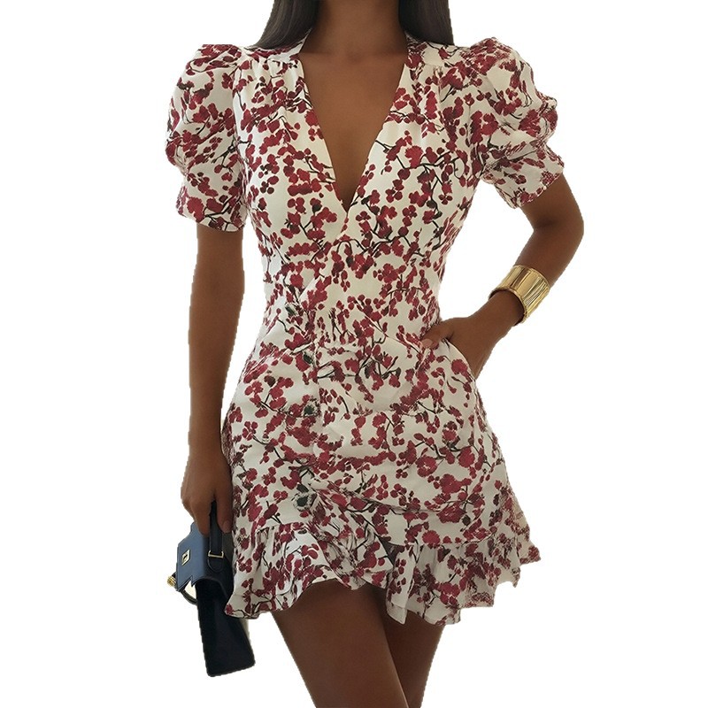 V-Neck Floral Ruffle Dress