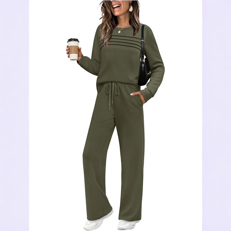 Women's Long Sleeve Crewneck Top & Wide-Leg Pants Set with Elastic Waist