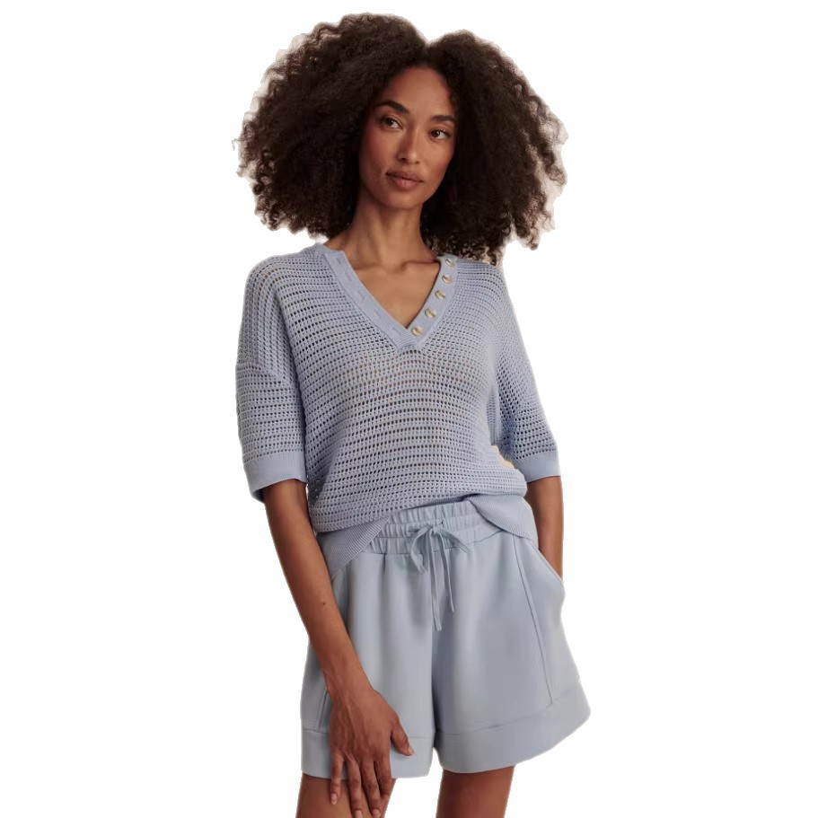V-Neck Hollow-Out Knit Top Short Sleeve Casual Vacation Pullover
