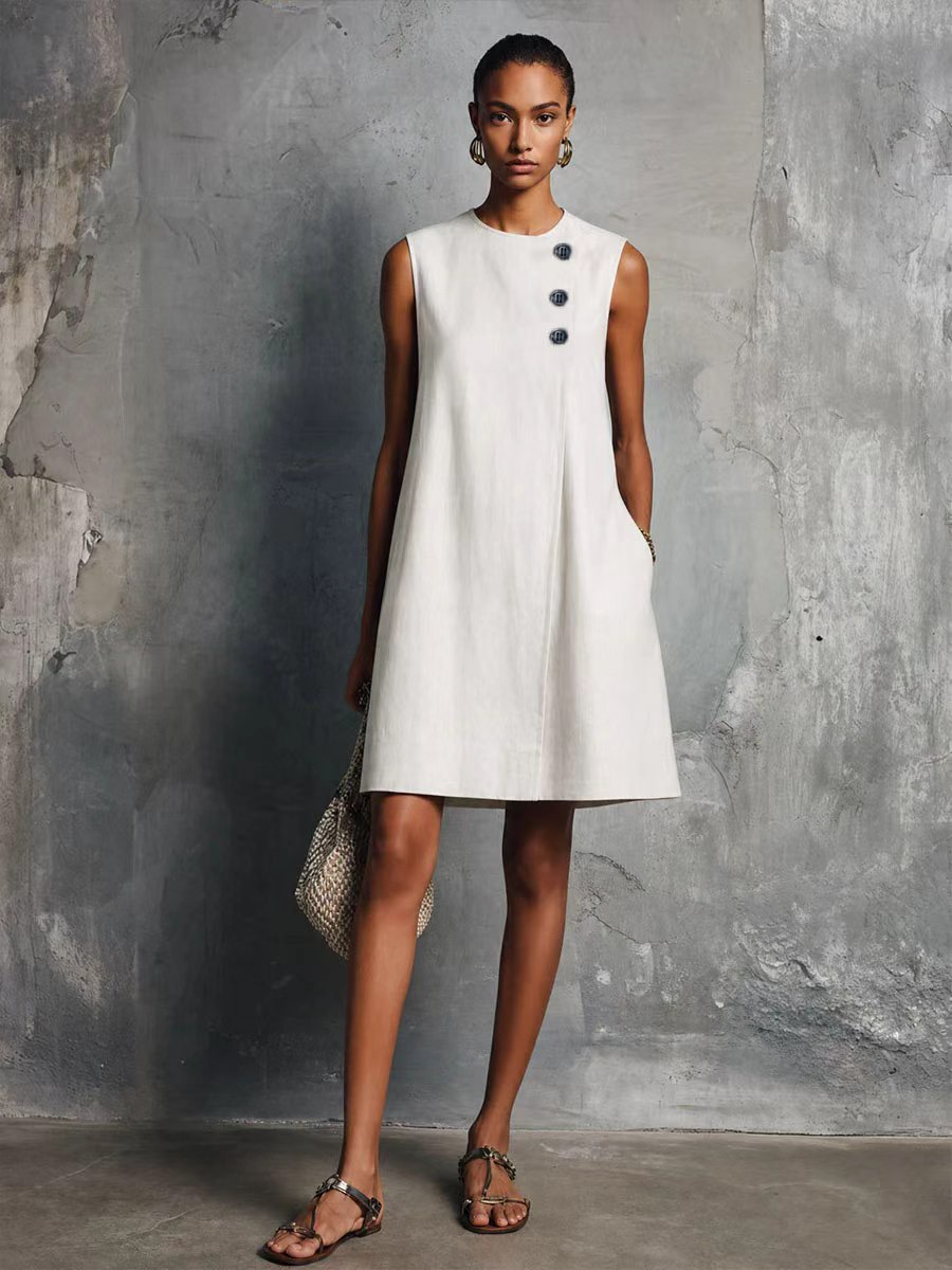 Minimalist Crewneck Sleeveless Dress with Asymmetric Buttons and Side Pockets