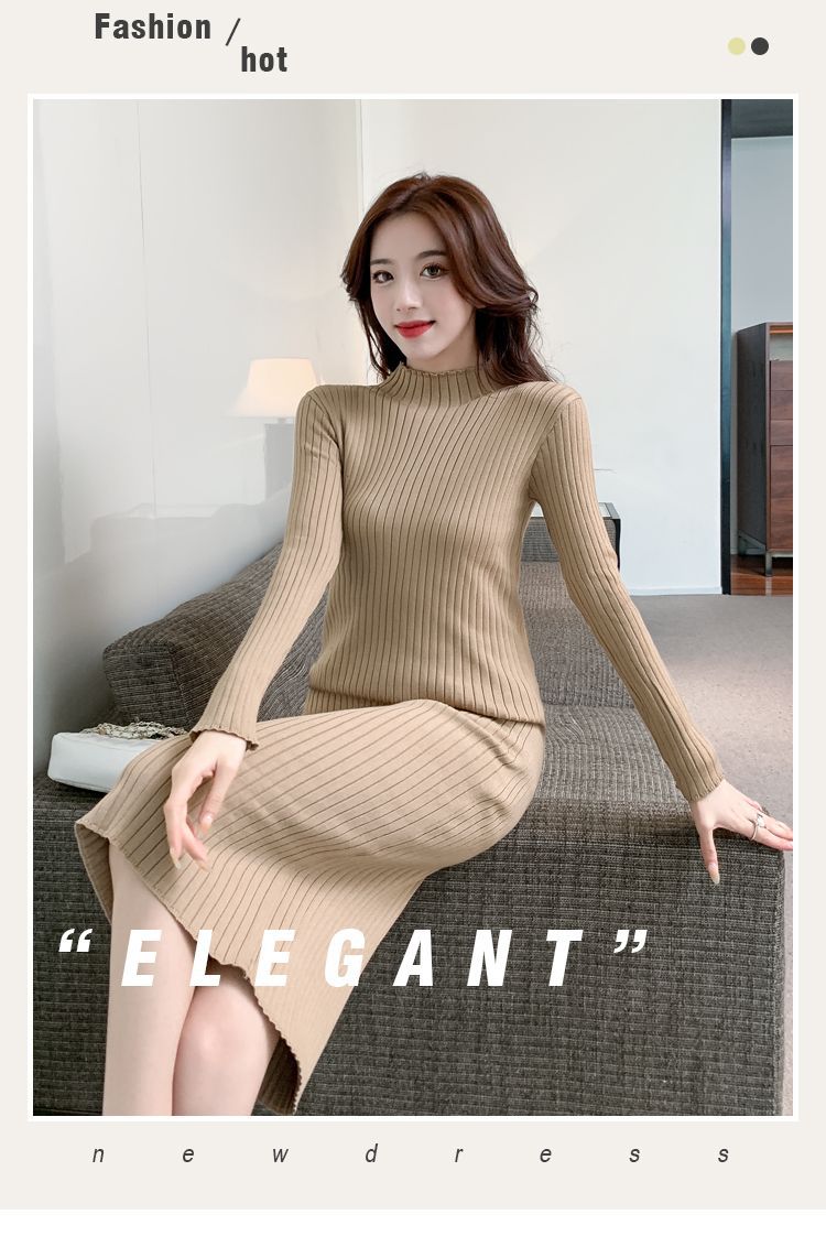 Women's Long Sleeve Knit Dress Slim Fit A-Line Midi