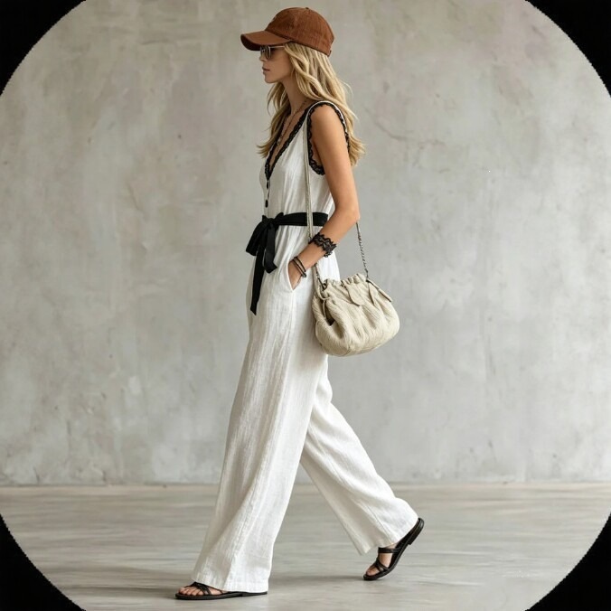 V-Neck Lace Sleeveless Colorblock Jumpsuit with Black Trim