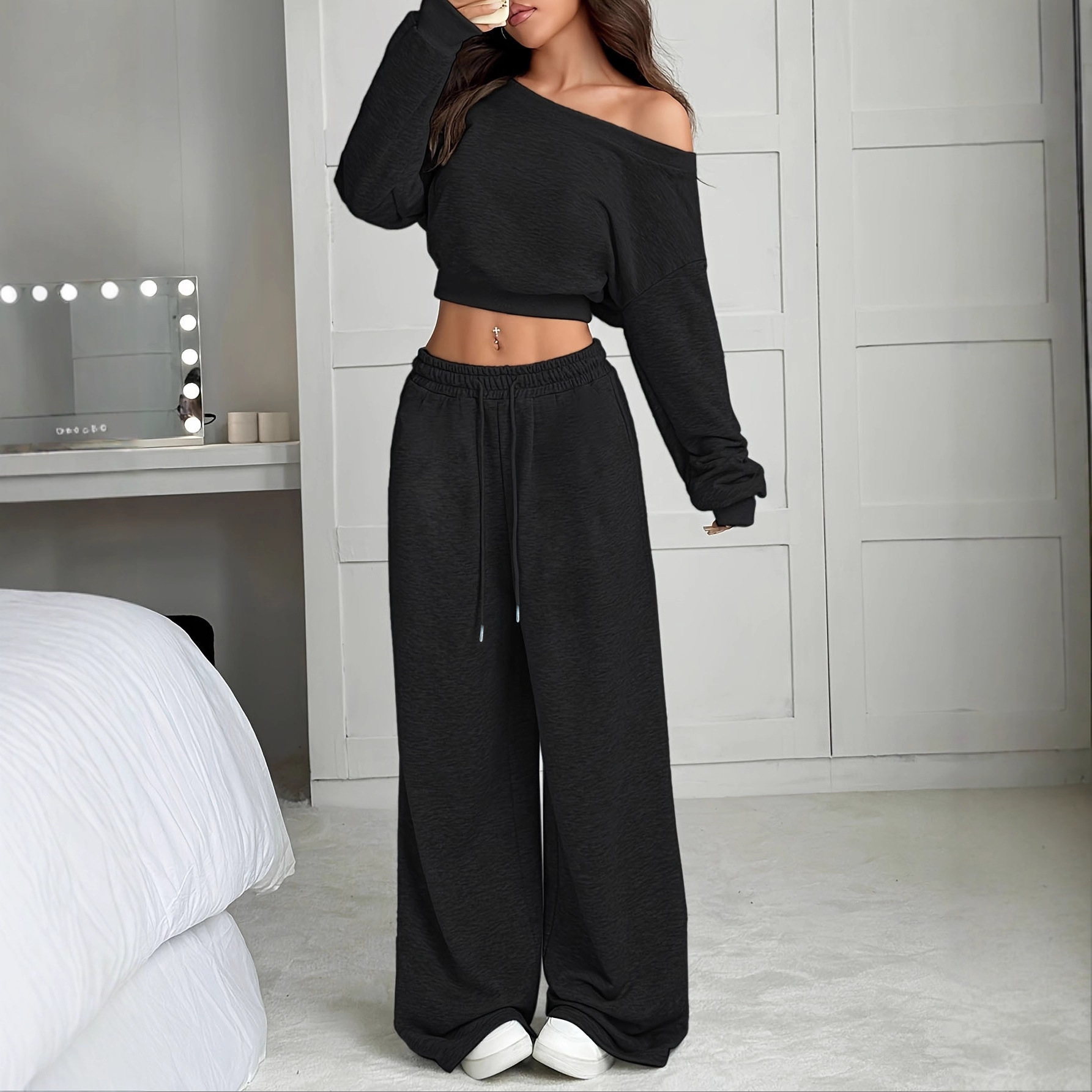 Women's Off-Shoulder Long-Sleeve Knit Sweatsuit Set